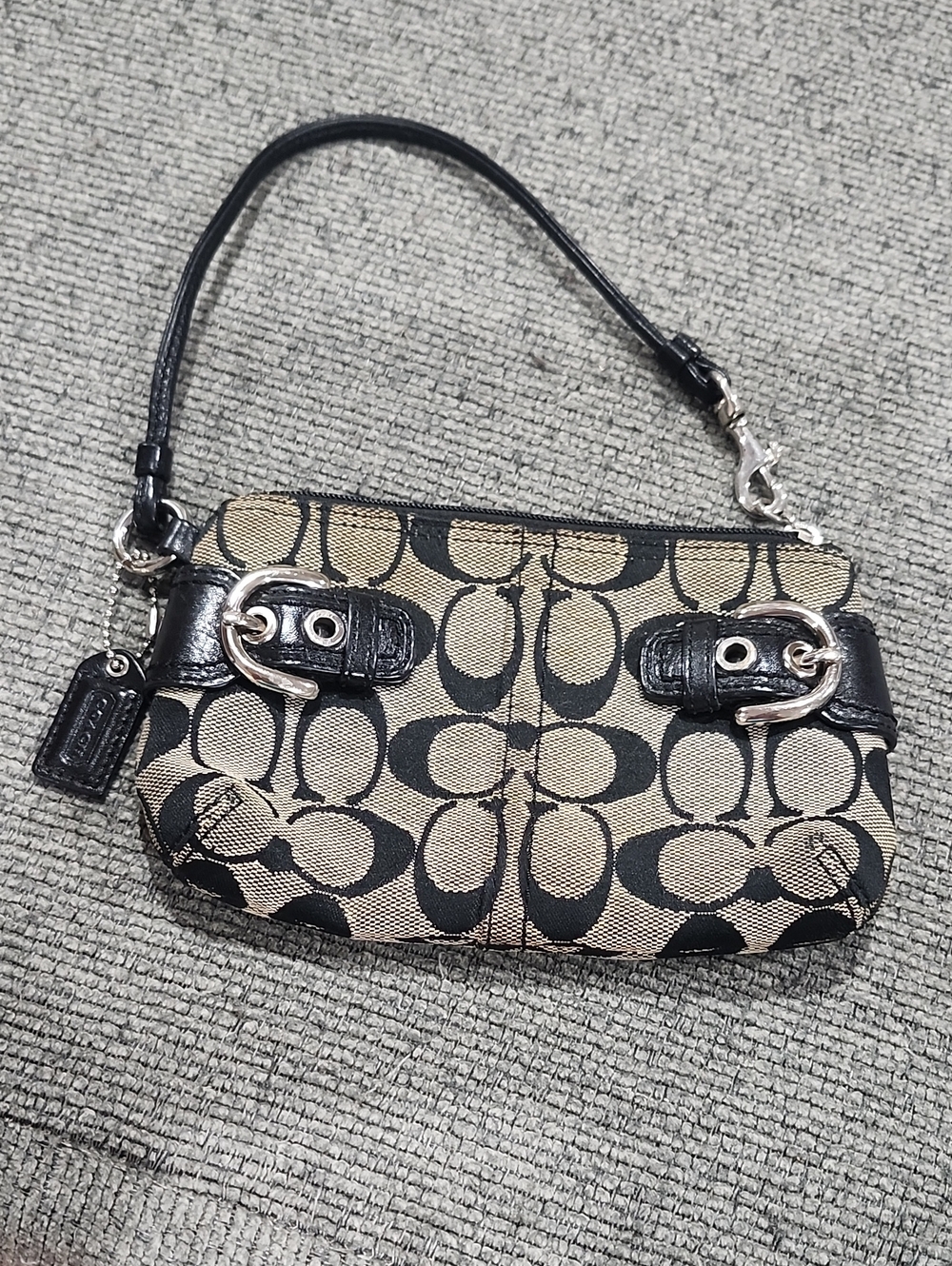 Coach Tan and Black Signature Canvas Wristlet